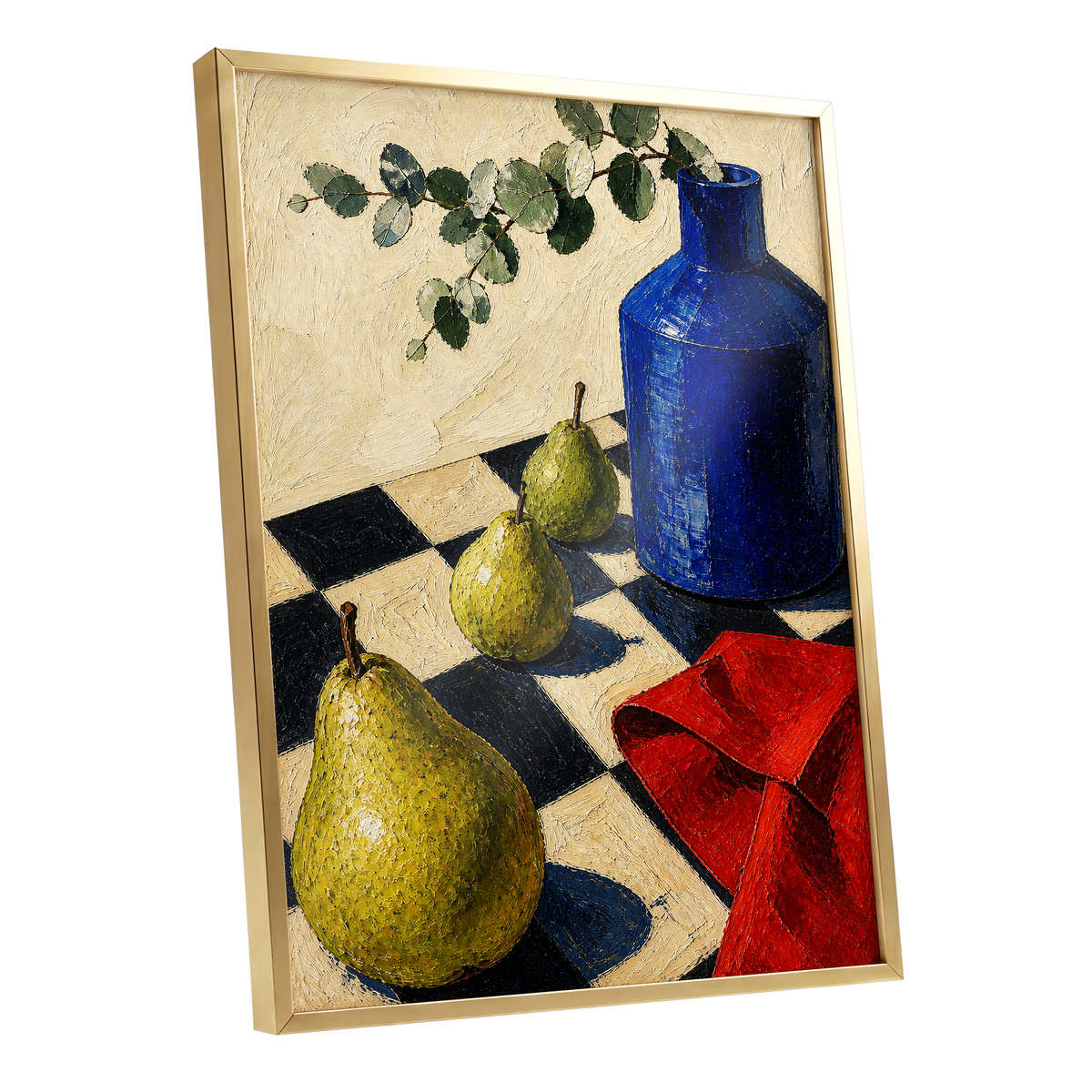 Cobalt and Chequered Pears, blue, green, beige abstract wall art shown as a gold framed poster wall art print