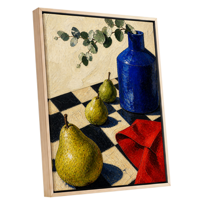 Cobalt and Chequered Pears, blue, green, beige abstract wall art shown as a oak framed canvas wall art