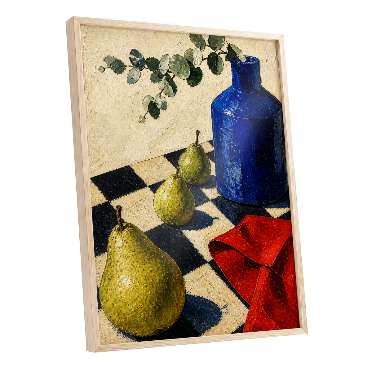 Cobalt and Chequered Pears, blue, green, beige abstract wall art shown as a oak framed poster wall art print
