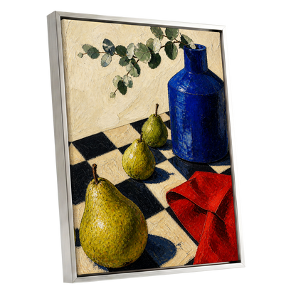Cobalt and Chequered Pears, blue, green, beige abstract wall art shown as a silver framed canvas wall art