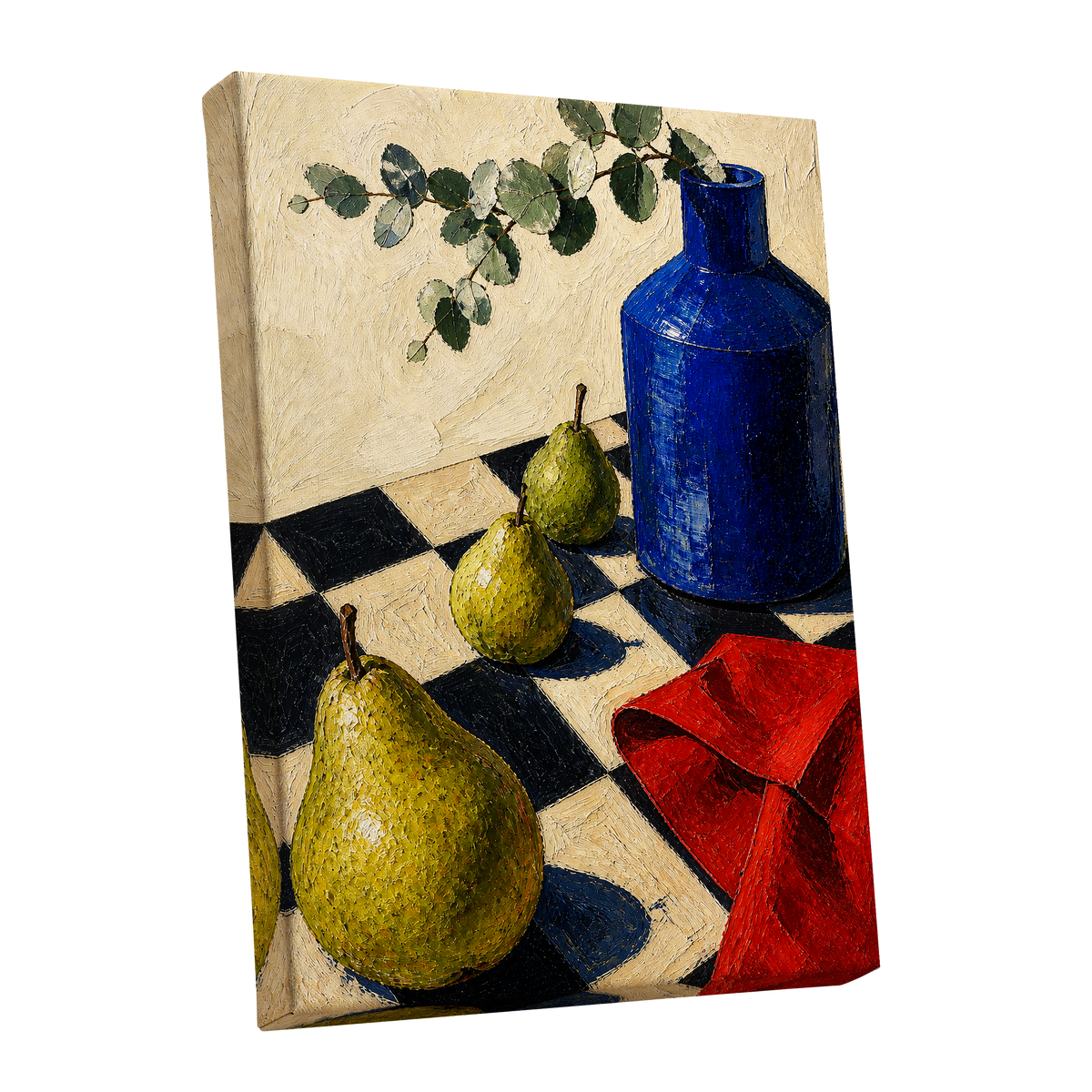 Cobalt and Chequered Pears, blue, green, beige abstract wall art shown as a stretched canvas wall art