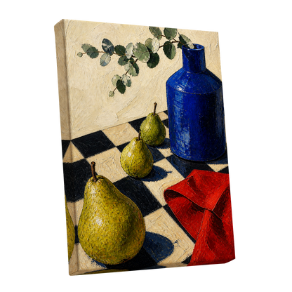 Cobalt and Chequered Pears, blue, green, beige abstract wall art shown as a stretched canvas wall art
