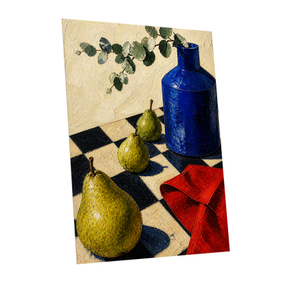 Cobalt and Chequered Pears, blue, green, beige abstract wall art shown as a unframed poster wall art print