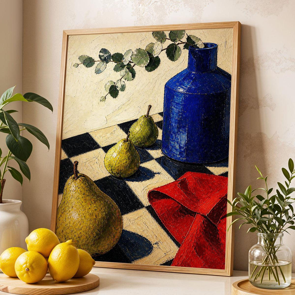 Cobalt and Chequered Pears, blue, green, beige abstract wall art displayed in a styled interior, gallery view 2