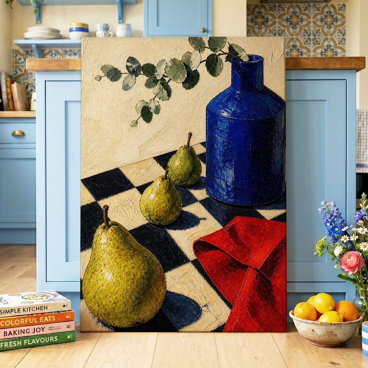 Cobalt and Chequered Pears, blue, green, beige abstract wall art displayed in a styled interior, gallery view 3