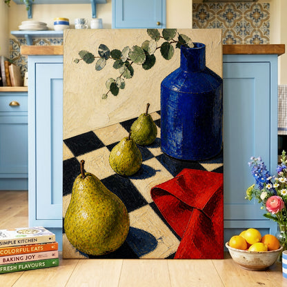 Cobalt and Chequered Pears, blue, green, beige abstract wall art displayed in a styled interior, gallery view 3