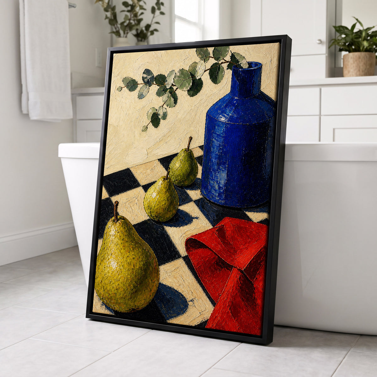 Cobalt and Chequered Pears, blue, green, beige abstract wall art displayed in a styled interior, gallery view 4