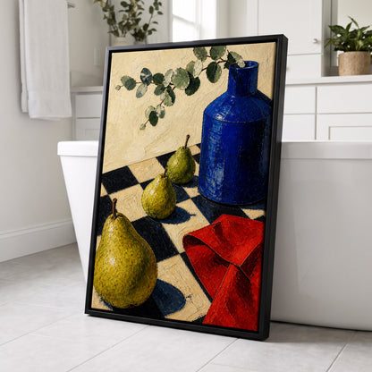 Cobalt and Chequered Pears, blue, green, beige abstract wall art displayed in a styled interior, gallery view 4