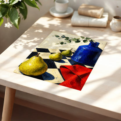 Cobalt and Chequered Pears, blue, green, beige abstract wall art displayed in a styled interior, gallery view 5