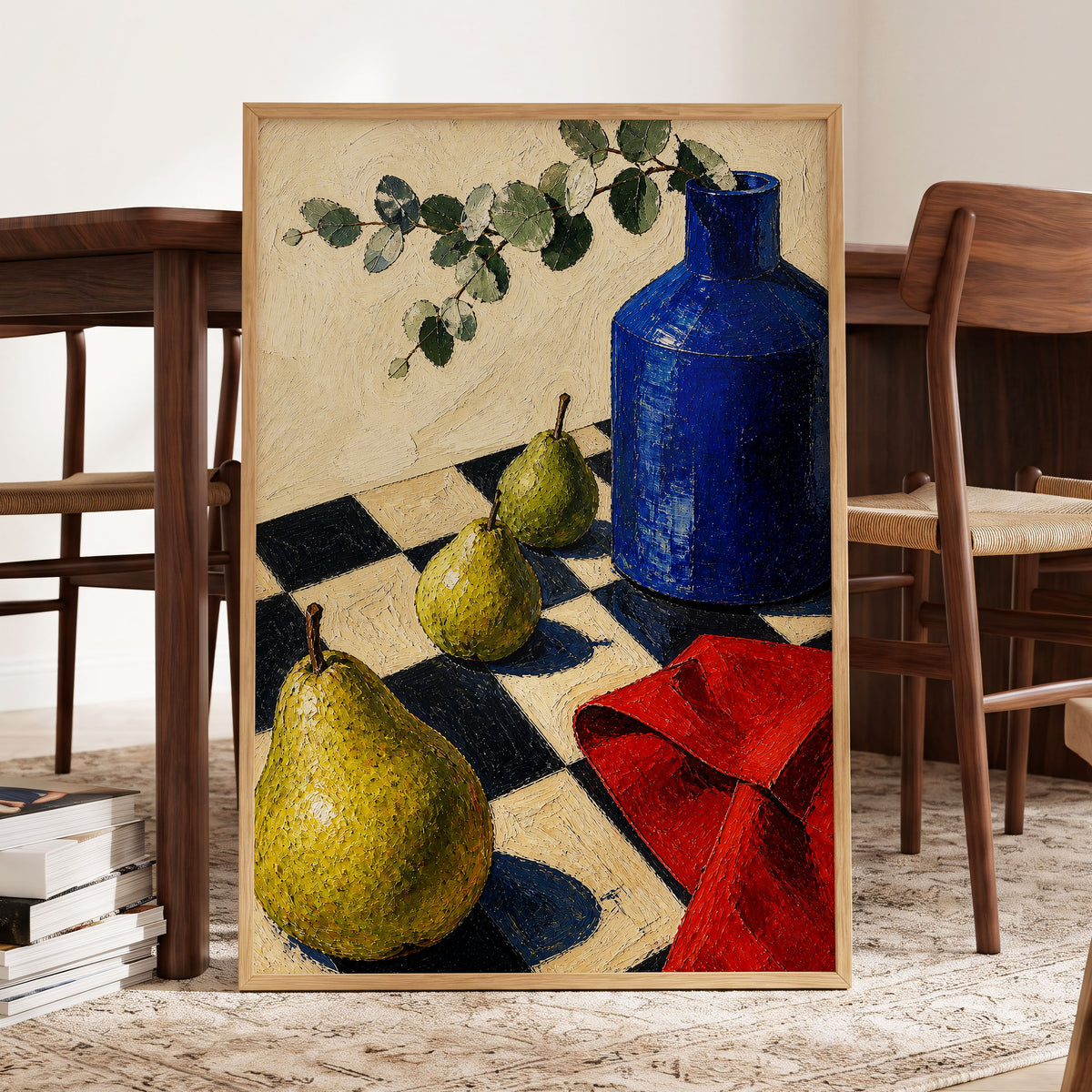 Cobalt and Chequered Pears, blue, green, beige abstract wall art displayed in a styled interior, gallery view 6