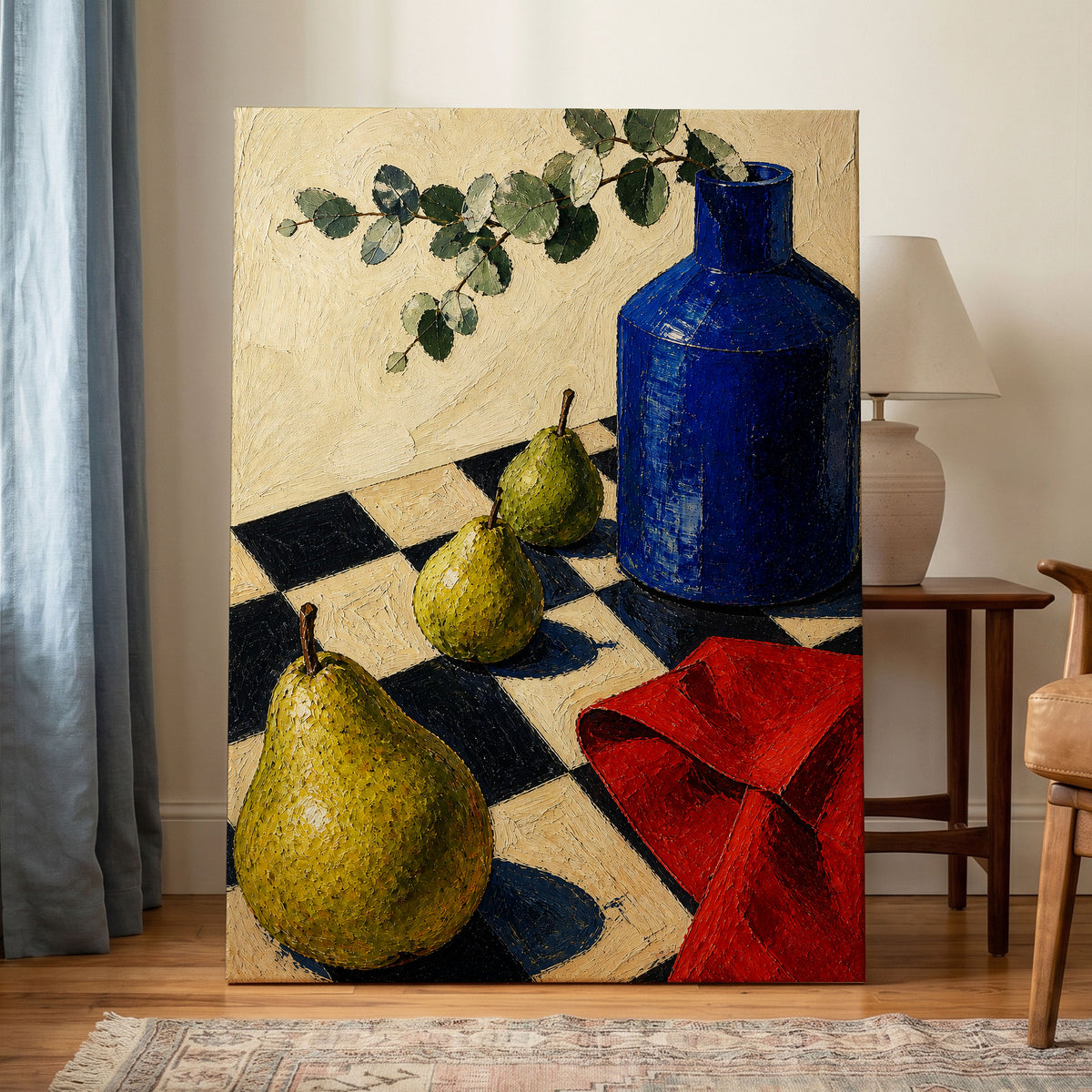 Cobalt and Chequered Pears, blue, green, beige abstract wall art displayed in a styled interior, gallery view 7