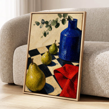 Cobalt and Chequered Pears, blue, green, beige abstract wall art displayed in a styled interior, gallery view 8
