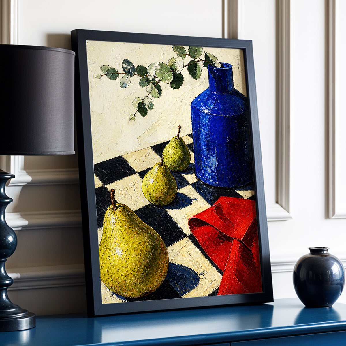 Cobalt and Chequered Pears, blue, green, beige abstract wall art displayed in a styled interior, gallery view 9