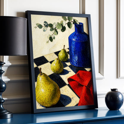 Cobalt and Chequered Pears, blue, green, beige abstract wall art displayed in a styled interior, gallery view 9