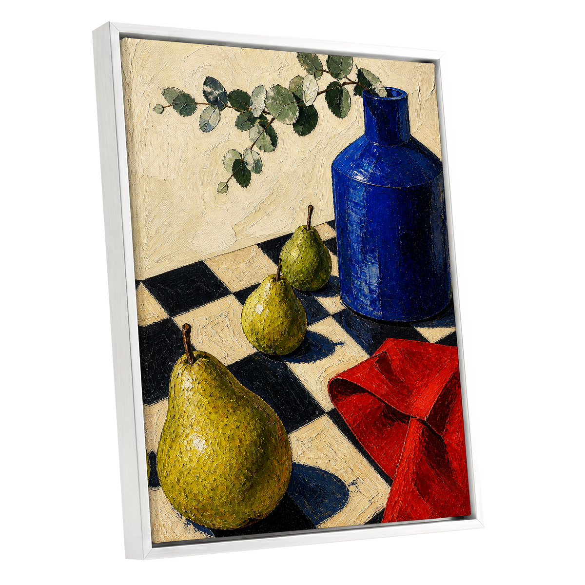 Cobalt and Chequered Pears, blue, green, beige abstract wall art shown as a white framed canvas wall art