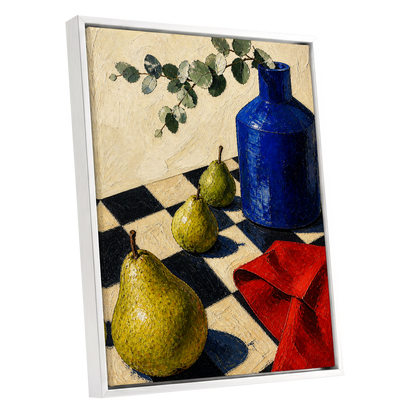 Cobalt and Chequered Pears, blue, green, beige abstract wall art shown as a white framed canvas wall art