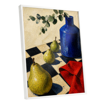 Cobalt and Chequered Pears, blue, green, beige abstract wall art shown as a white framed poster wall art print