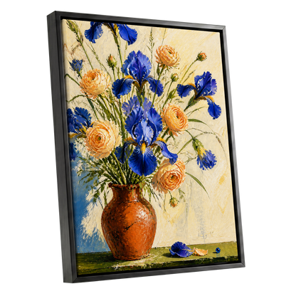 Cobalt & Apricot Blooms, blue, orange, green floral wall art shown as a black framed canvas wall art