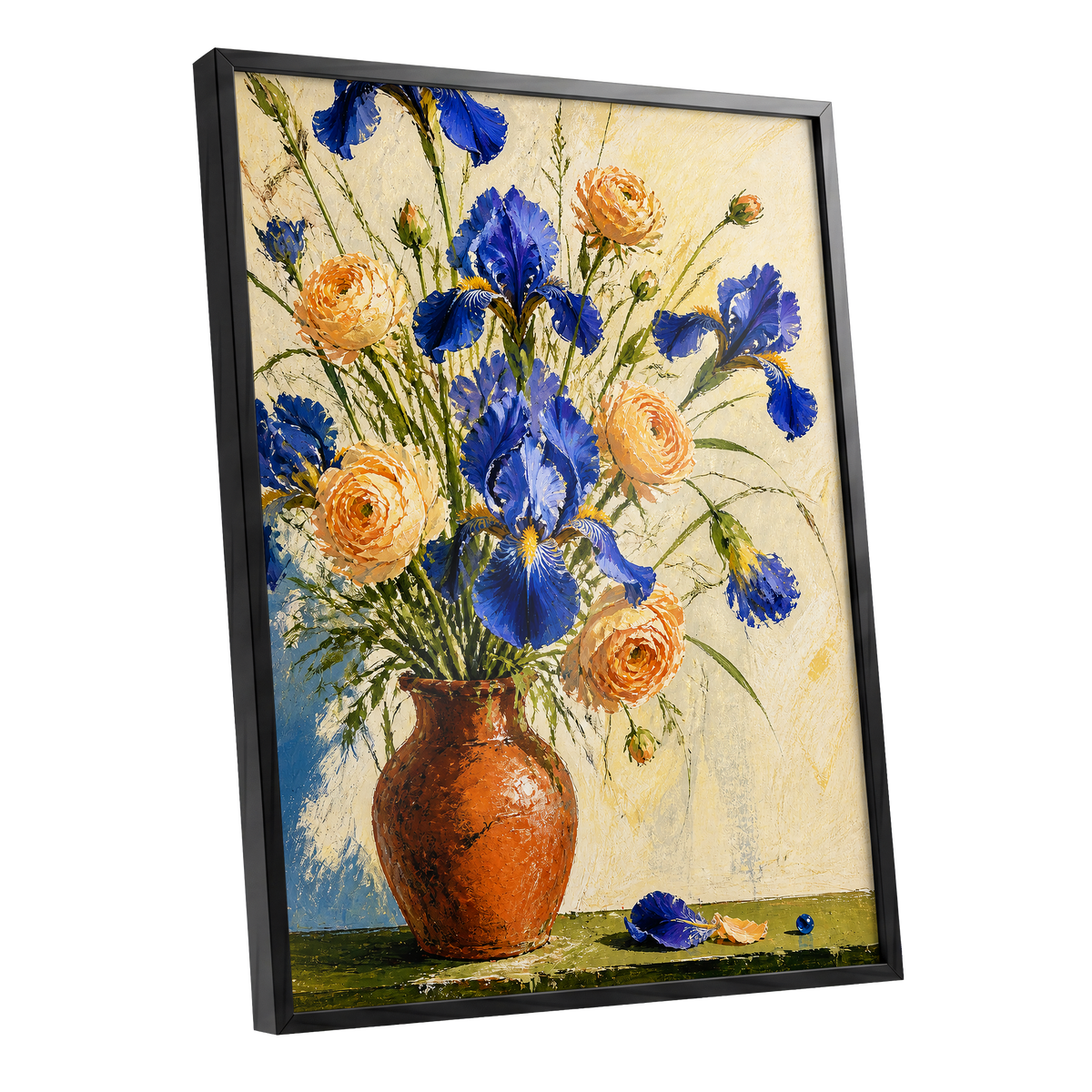 Cobalt & Apricot Blooms, blue, orange, green floral wall art shown as a black framed poster wall art print
