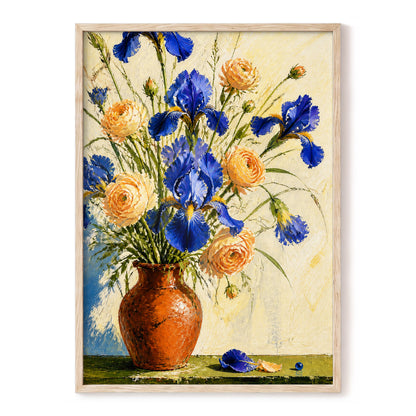 Cobalt & Apricot Blooms, blue, orange, green floral wall art, front artwork view