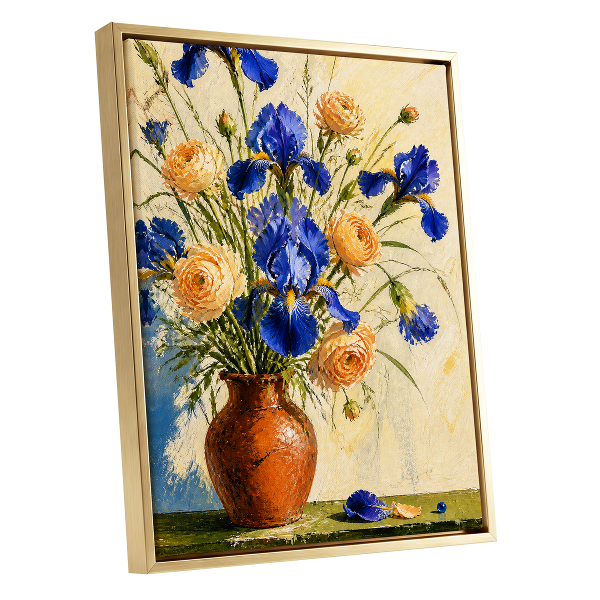 Cobalt & Apricot Blooms, blue, orange, green floral wall art shown as a gold framed canvas wall art