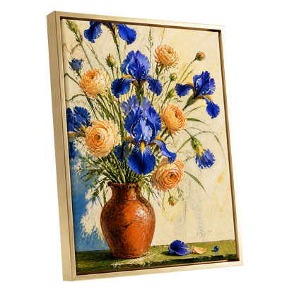 Cobalt & Apricot Blooms, blue, orange, green floral wall art shown as a gold framed canvas wall art