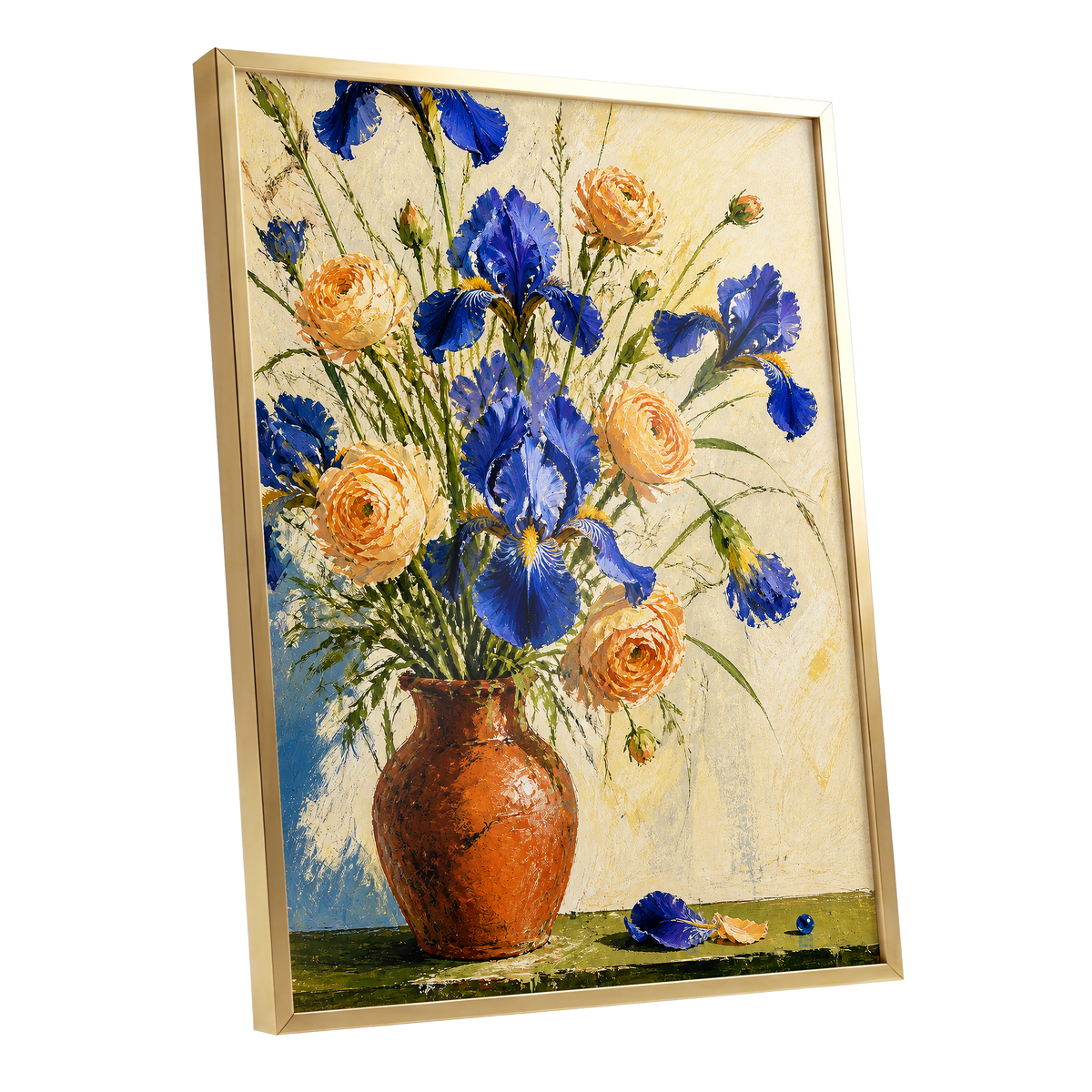 Cobalt & Apricot Blooms, blue, orange, green floral wall art shown as a gold framed poster wall art print