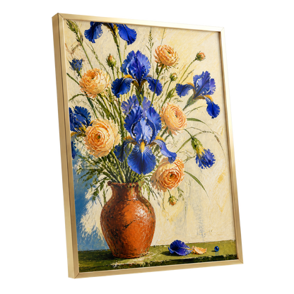 Cobalt & Apricot Blooms, blue, orange, green floral wall art shown as a gold framed poster wall art print