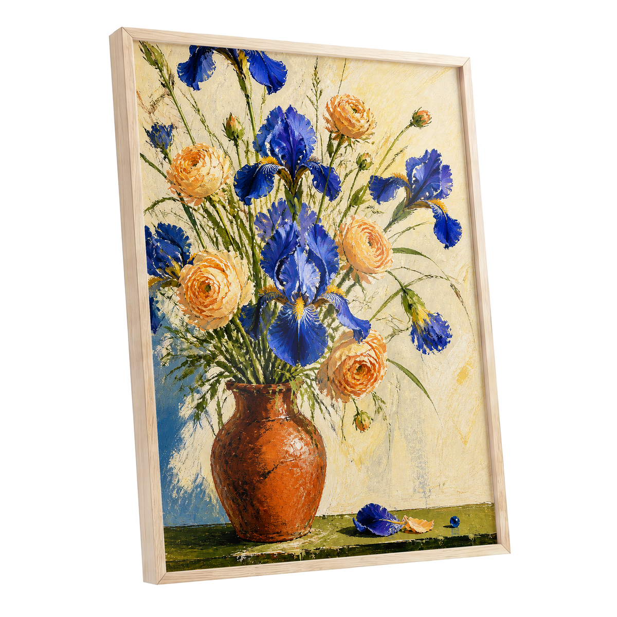 Cobalt & Apricot Blooms, blue, orange, green floral wall art shown as a oak framed poster wall art print