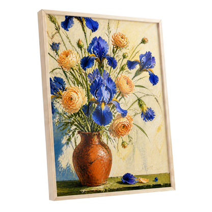 Cobalt & Apricot Blooms, blue, orange, green floral wall art shown as a oak framed poster wall art print