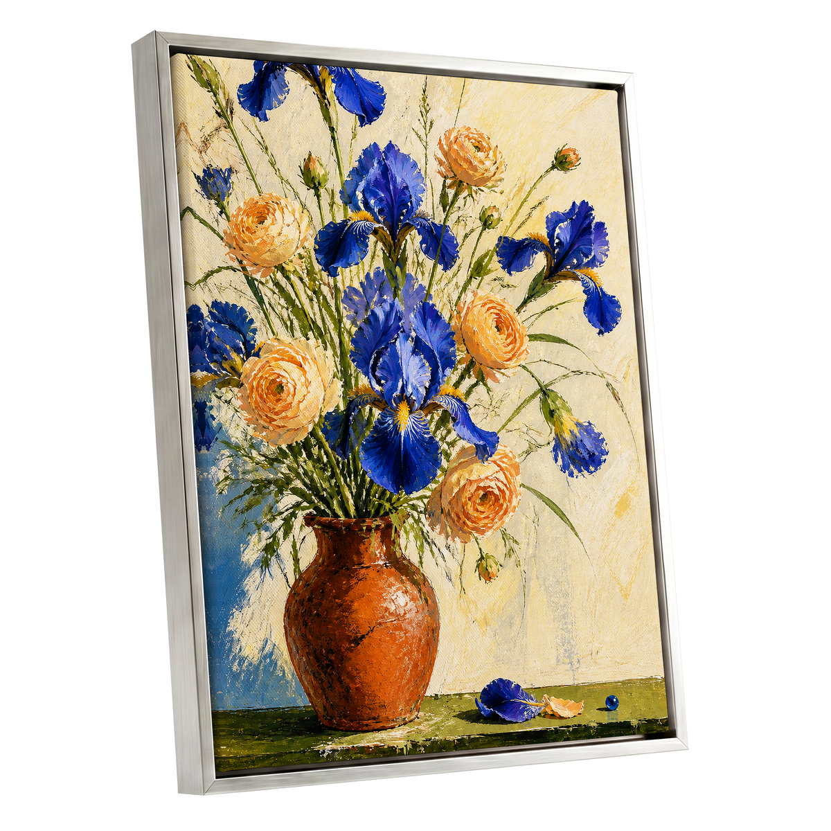 Cobalt & Apricot Blooms, blue, orange, green floral wall art shown as a silver framed canvas wall art