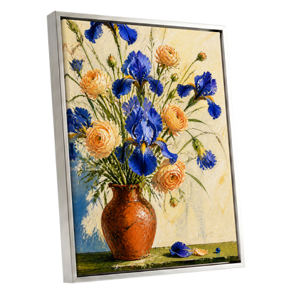Cobalt & Apricot Blooms, blue, orange, green floral wall art shown as a silver framed canvas wall art