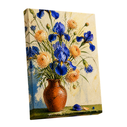 Cobalt & Apricot Blooms, blue, orange, green floral wall art shown as a stretched canvas wall art