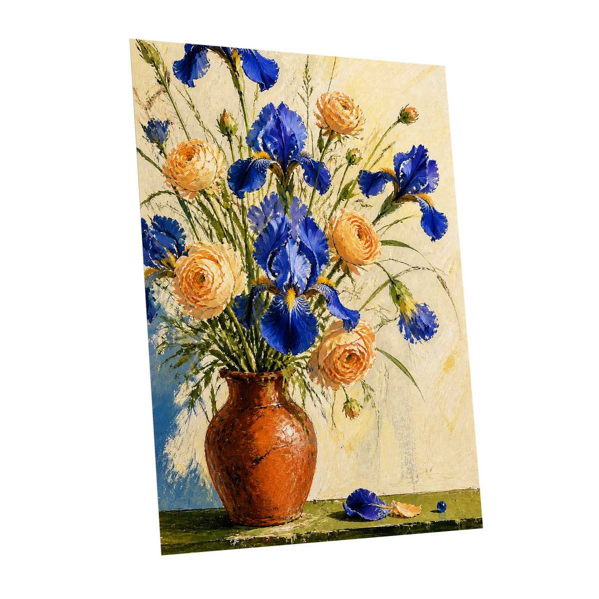 Cobalt & Apricot Blooms, blue, orange, green floral wall art shown as a unframed poster wall art print