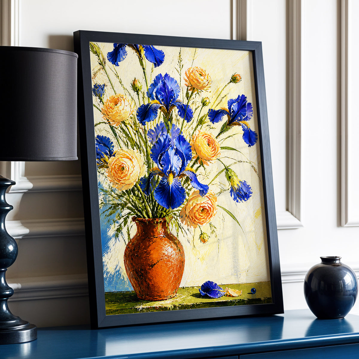 Cobalt & Apricot Blooms, blue, orange, green floral wall art displayed in a styled interior, gallery view 2