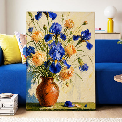 Cobalt & Apricot Blooms, blue, orange, green floral wall art displayed in a styled interior, gallery view 3