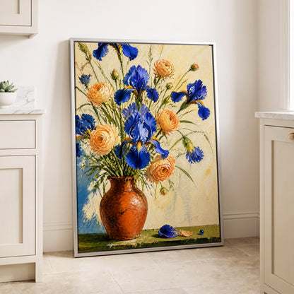 Cobalt & Apricot Blooms, blue, orange, green floral wall art displayed in a styled interior, gallery view 4