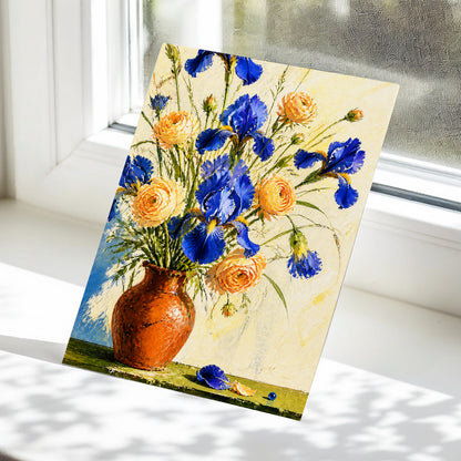 Cobalt & Apricot Blooms, blue, orange, green floral wall art displayed in a styled interior, gallery view 5
