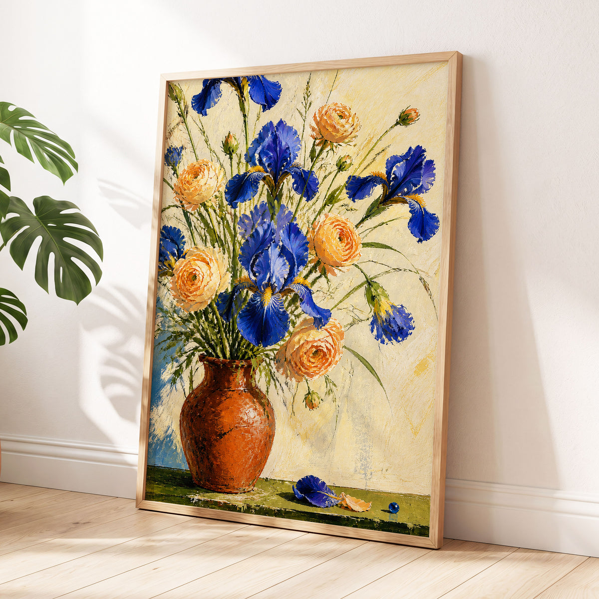 Cobalt & Apricot Blooms, blue, orange, green floral wall art displayed in a styled interior, gallery view 6