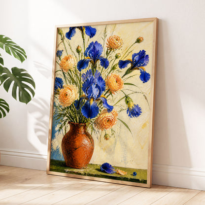 Cobalt & Apricot Blooms, blue, orange, green floral wall art displayed in a styled interior, gallery view 6