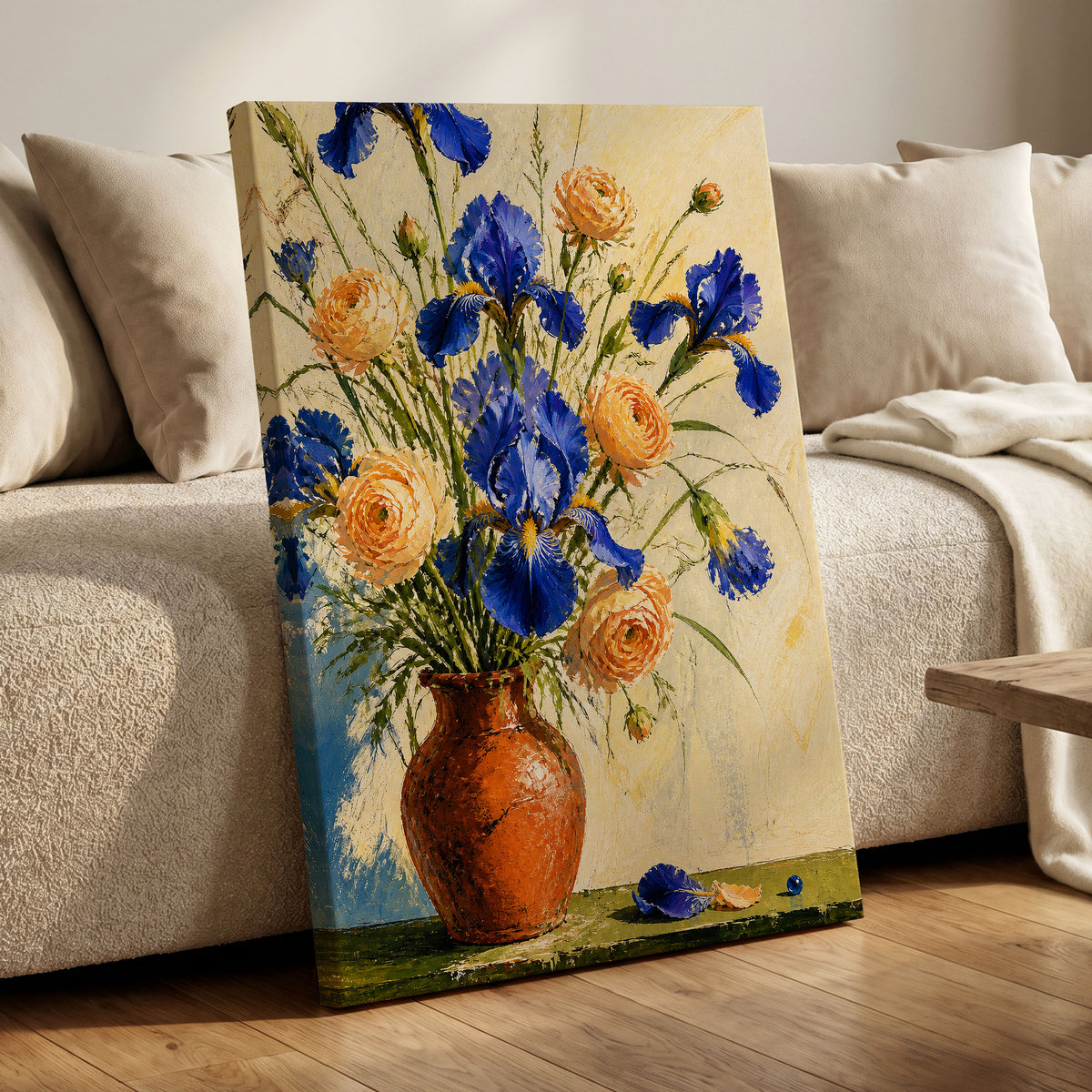 Cobalt & Apricot Blooms, blue, orange, green floral wall art displayed in a styled interior, gallery view 7