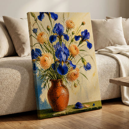 Cobalt & Apricot Blooms, blue, orange, green floral wall art displayed in a styled interior, gallery view 7