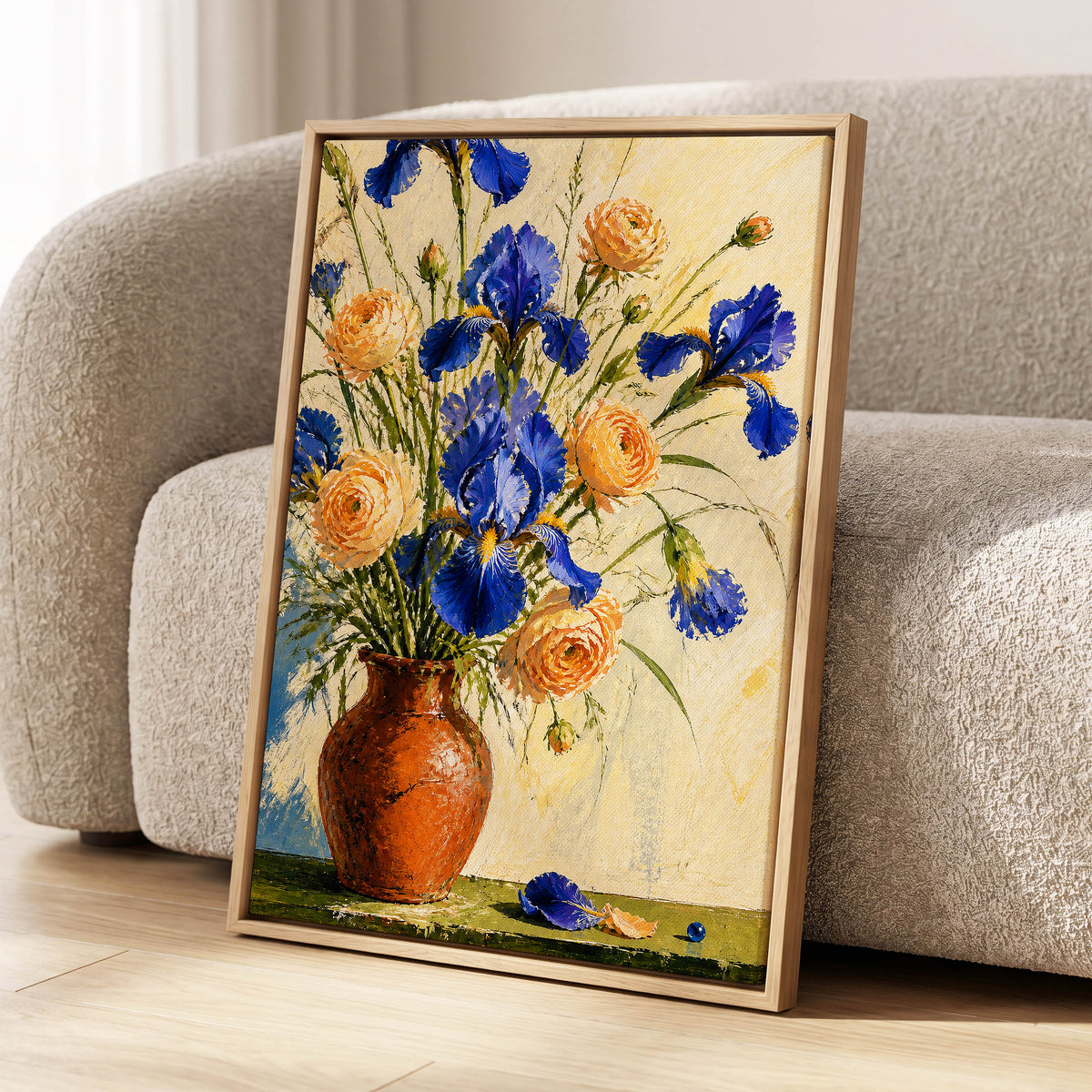 Cobalt & Apricot Blooms, blue, orange, green floral wall art displayed in a styled interior, gallery view 8