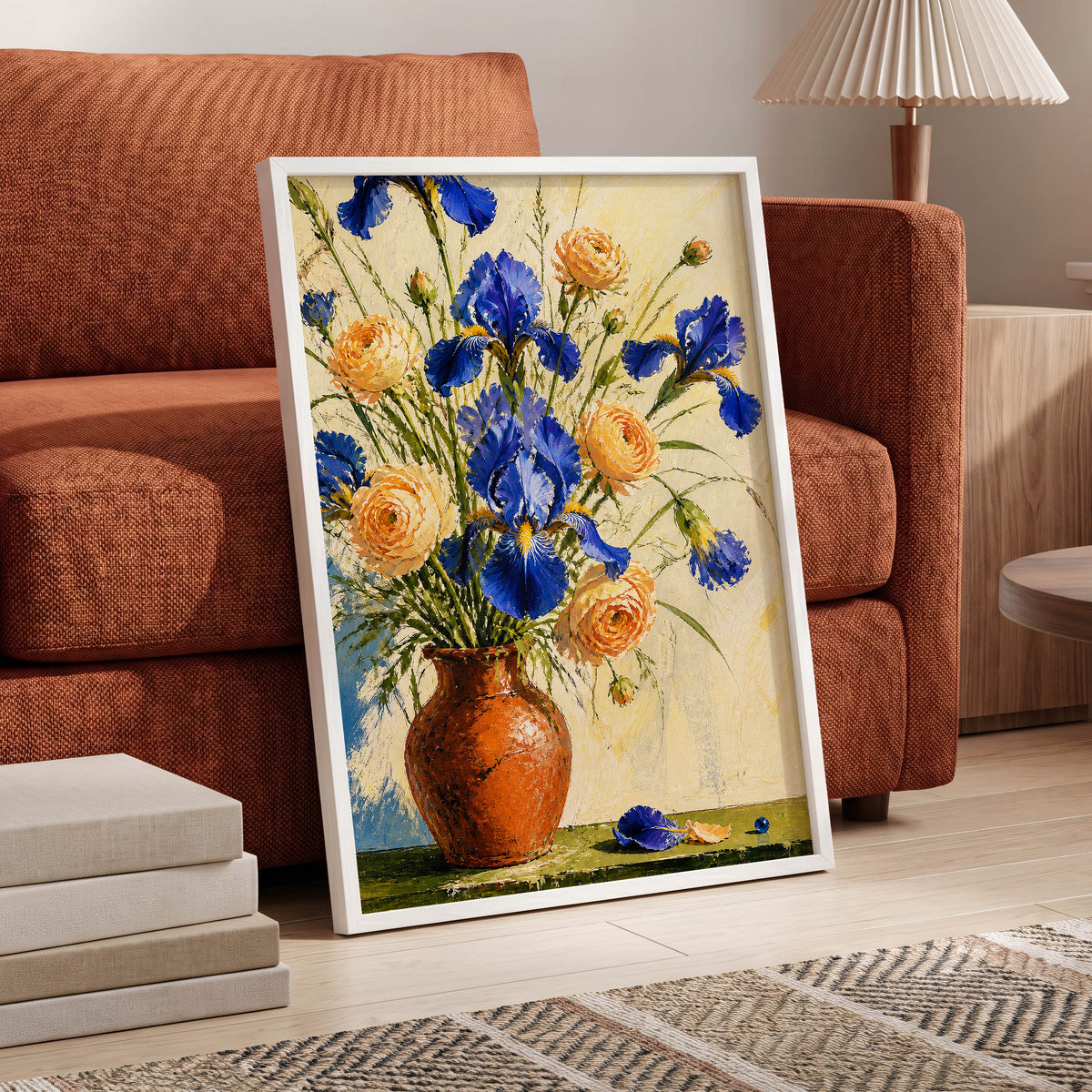 Cobalt & Apricot Blooms, blue, orange, green floral wall art displayed in a styled interior, gallery view 9