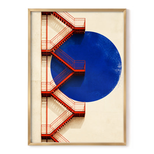 Cobalt Ascent, blue, red, beige minimalist wall art, front artwork view