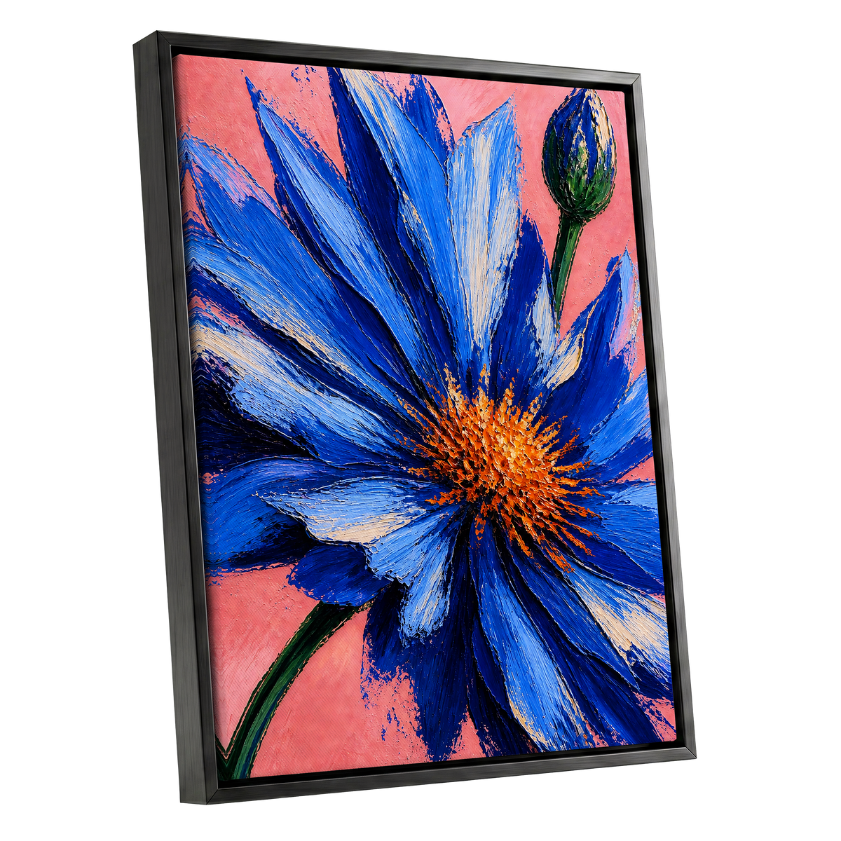 Cobalt Bloom, blue, pink, orange floral wall art shown as a black framed canvas wall art