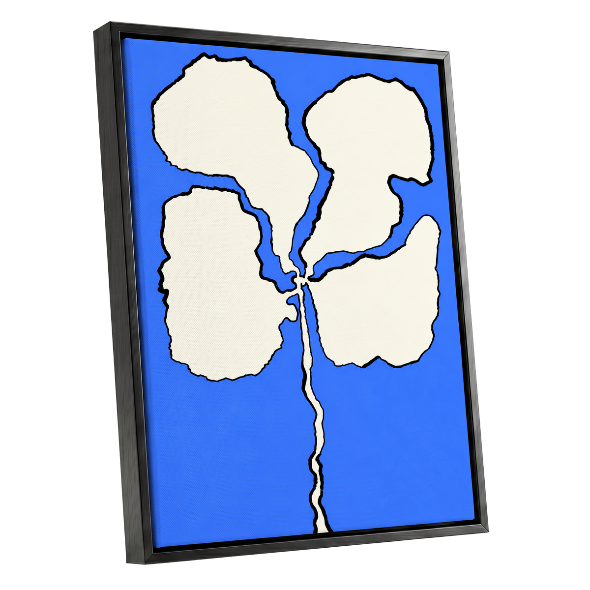 Cobalt Bloom, blue, beige, black floral wall art shown as a black framed canvas wall art