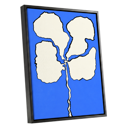 Cobalt Bloom, blue, beige, black floral wall art shown as a black framed canvas wall art