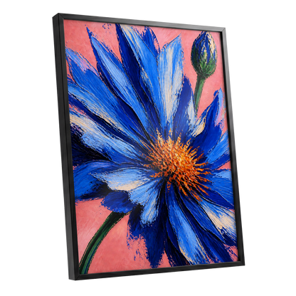 Cobalt Bloom, blue, pink, orange floral wall art shown as a black framed poster wall art print
