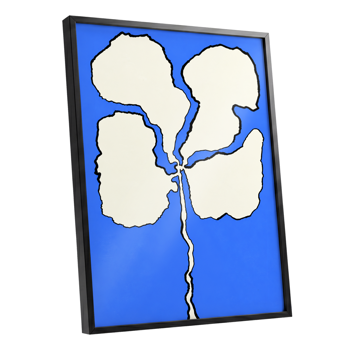 Cobalt Bloom, blue, beige, black floral wall art shown as a black framed poster wall art print